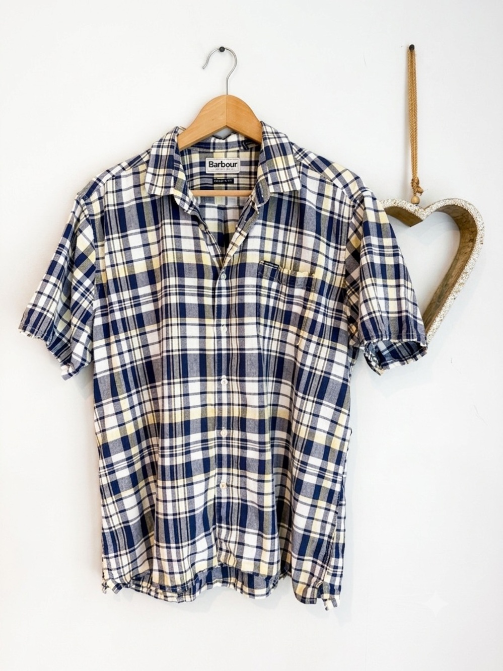Barbour Linen Blend Blue Yellow Tartan Plaid Short Sleeve Shirt Regular Mens LG